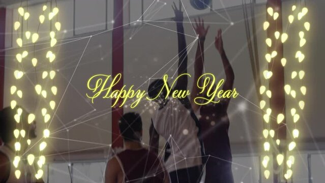 Animation of happy new year text and network of connections over diverse group of basketball players