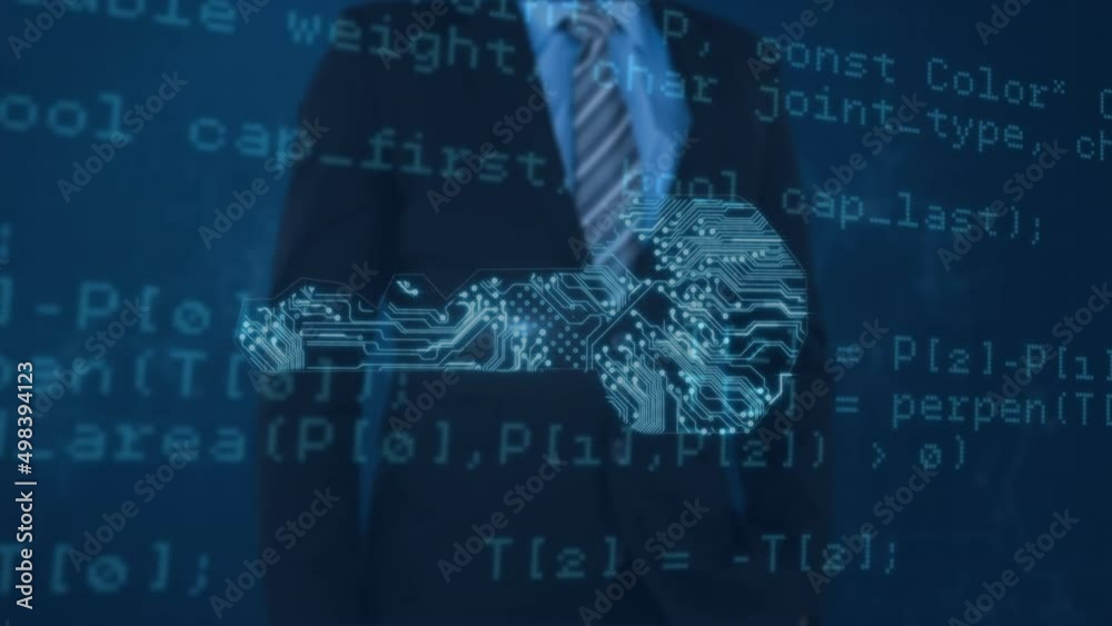 Poster animation of data processing over key and businessman