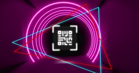 Animation of glowing qr code over neon shapes on purple background - Powered by Adobe