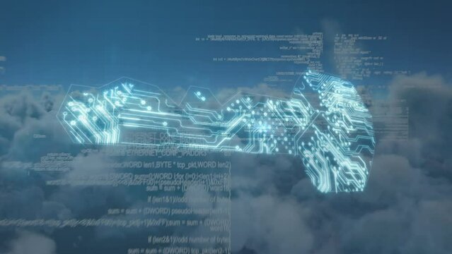 Animation of data processing over key and clouds