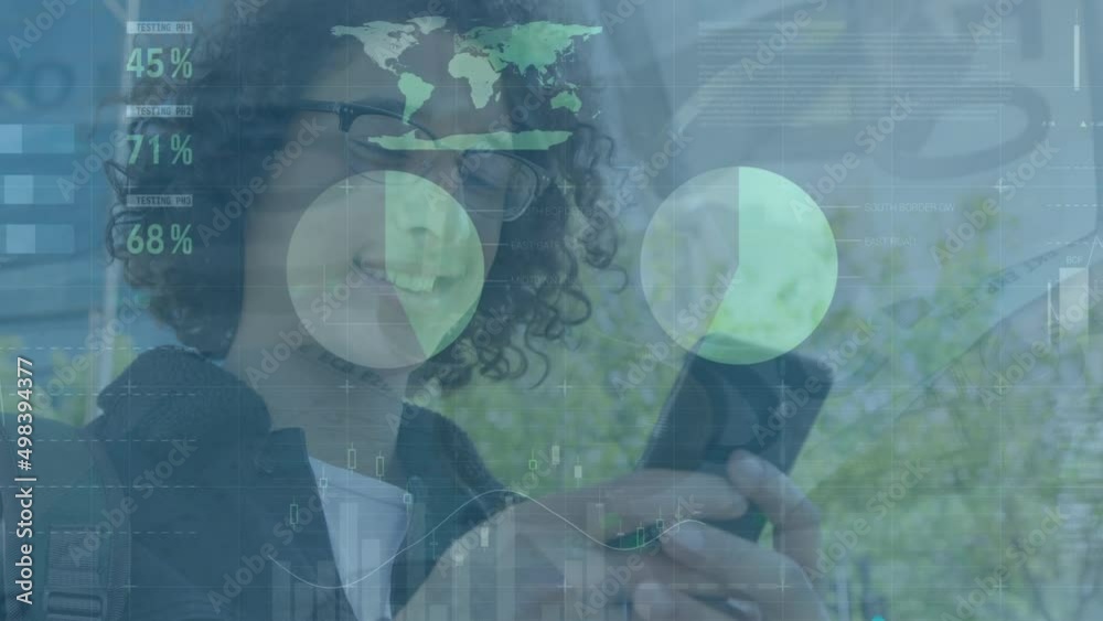 Poster animation of data processing over biracial man using smartphone
