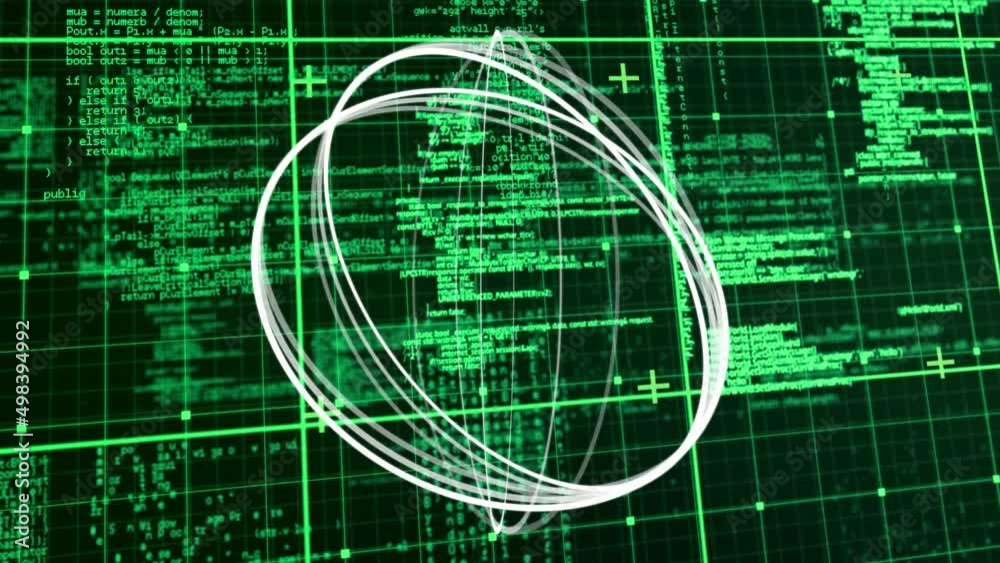 Poster animation of circles rotating over data processing in green and black space