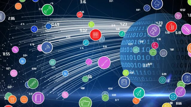Animation of diverse colorful technology icons over globe with binary code