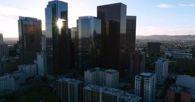 Los Angeles downtown with skyscraper. California LA, Los Angels city center. Flmed LA by drone.