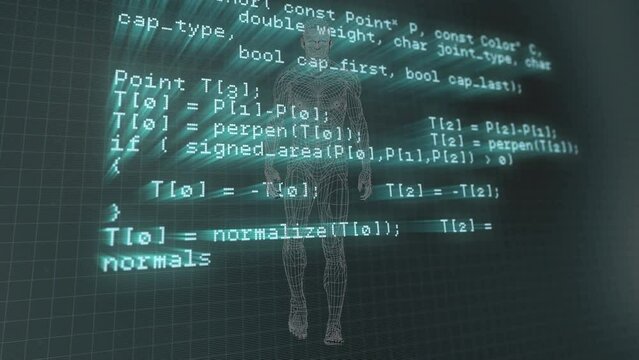 Animation of data processing over walking human model in dark green space