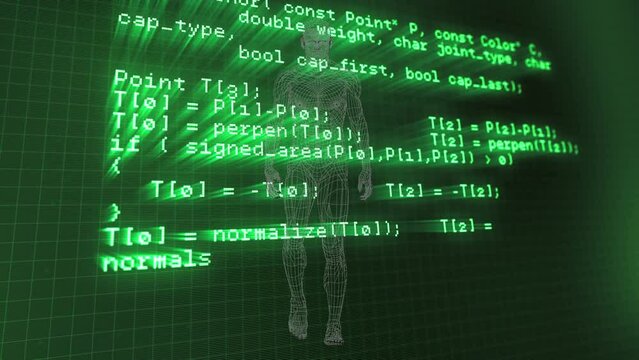 Animation of data processing over walking human body model in green space