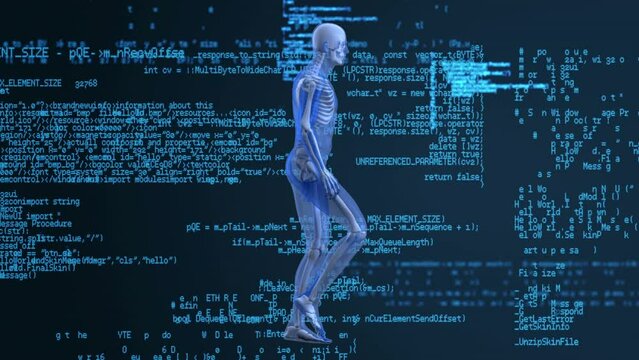 Animation of walking human model over data processing in blue and black space