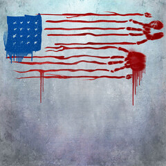 A USA flag is seen painted in graffiti on a concrete wall with hand prints in red that suggest blood on hands in this 3-d illustration.