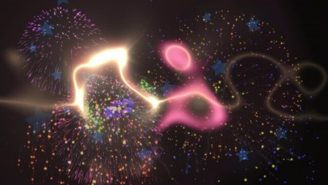 Animation of fireworks, stars and lights over dark background