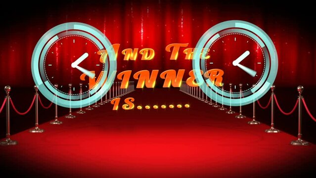 Animation of moving clocks over and the winner is text and red carpet