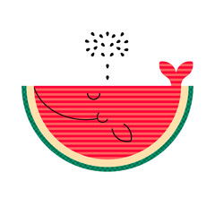 Cute smile watermelon whale isolated on white background. Flat Melon slice illustration with simple geometric shapes - 498395564