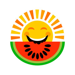 Smiling sun eats watermelon. Isolated on white background illustration. Summer symbol in cute kids style - 498395565