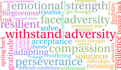 Withstand Adversity Word Cloud on a white background. 