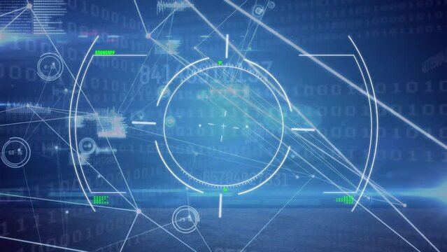Animation of network of connections with icons over scope and binary coding data processing