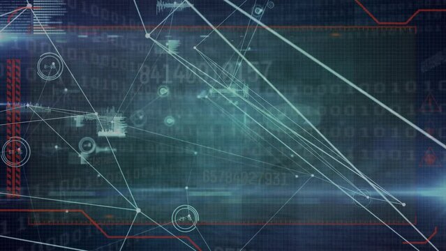 Animation of network of connections with icons over binary coding data processing