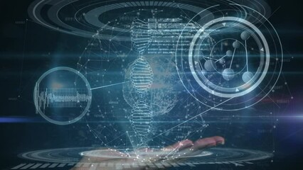 Animation of dna strand spinning over scientific data processing over hand