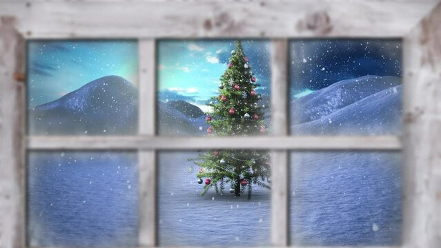 Animation of snow falling over christmas tree and winter scenery seen through window