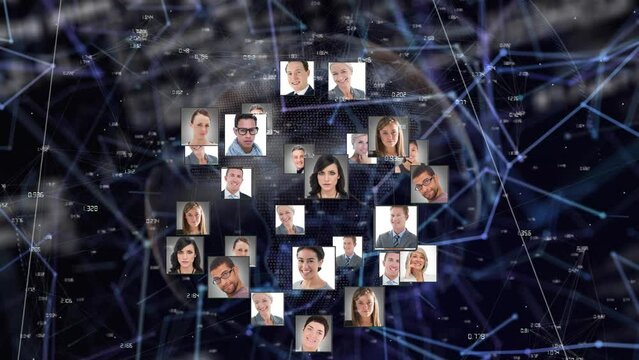 Animation of globe with network of connections and people's photos