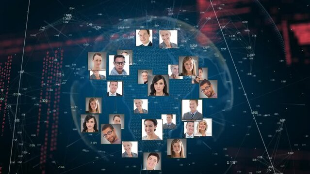 Animation of globe with network of connections and people's photos