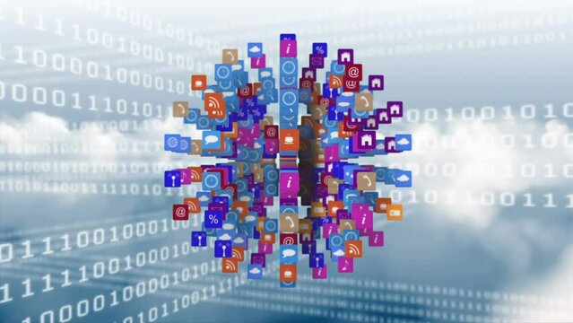 Animation of network of connections with icons and binary coding