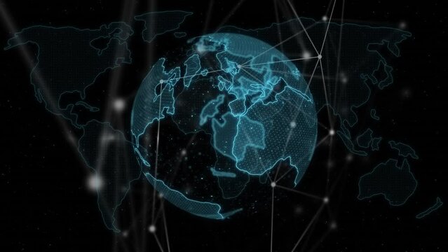 Animation of globe of network of connections over black background