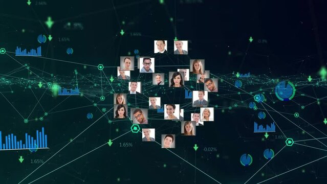 Animation of globe of network of connections with people's photos