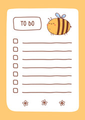 To do list template decorated by kawaii bee and flowers. Cute design of schedule, daily planner or checklist. Vector hand-drawn illustration. Perfect for planning, notes and self-organization.