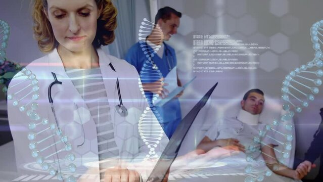 Animation of dna, formulas and data processing over diverse doctors and patient in hospital