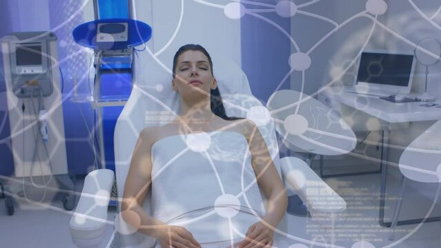 Animation of data processing and connections over caucasian female patient sleeping in hospital