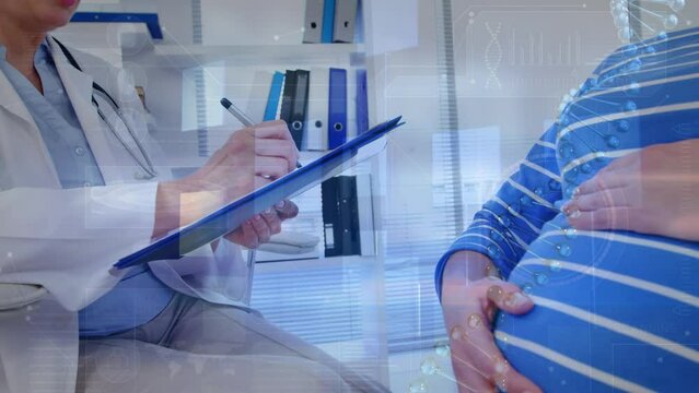 Animation of dna and squares over caucasian female doctor and pregnant woman