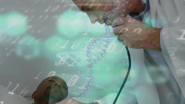 Animation of molecules and binary code over caucasian doctor examining african american patient