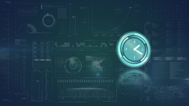 Animation of clock moving over blue background with diverse data