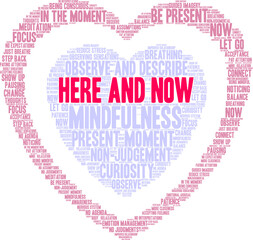 Here and Now Word Cloud on a white background. 