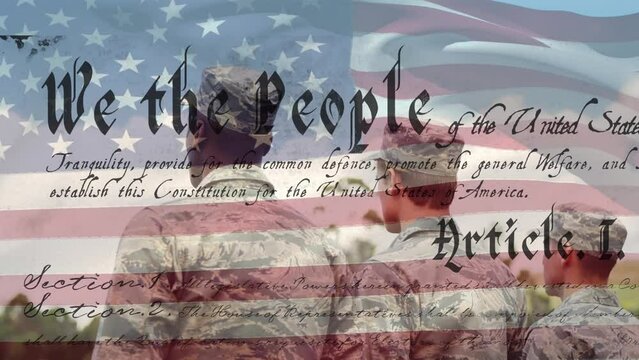 Animation of american flag and text over diverse male soldiers saluting