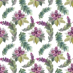 Fototapeten Seamless pattern watercolor abstract branch with flower lilac or lavender and leaves isolated on white background. Hand-drawn spring or summer plant. Art for wedding 8 march wrapping wallpaper © NatashaKun