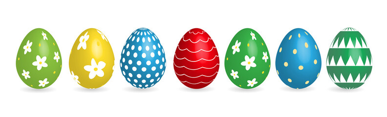 Set of Easter eggs. Lined up with different colors and pattern isolated vector illustration on white background.