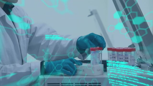 Animation of scientific data processing over scientist in laboratory