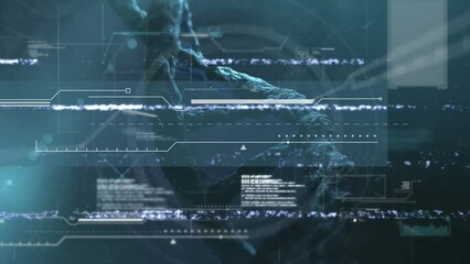 Animation of glitch and diverse data over dna chain on navy background - Powered by Adobe