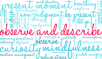 Observe and Describe Word Cloud on a white background. 