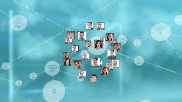 Animation of globe with network of connections and business people photos