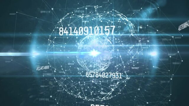 Animation of globe of network of connections with numbers and data processing