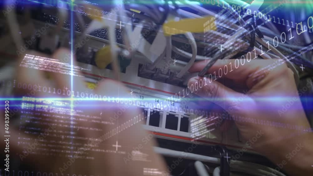 Poster animation of data processing over hands of caucasian man with wires at server