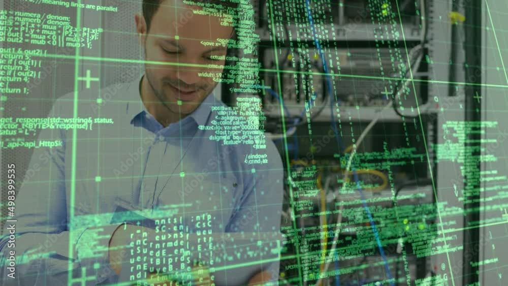 Poster animation of data processing over smiling caucasian man standing at server and using tablet