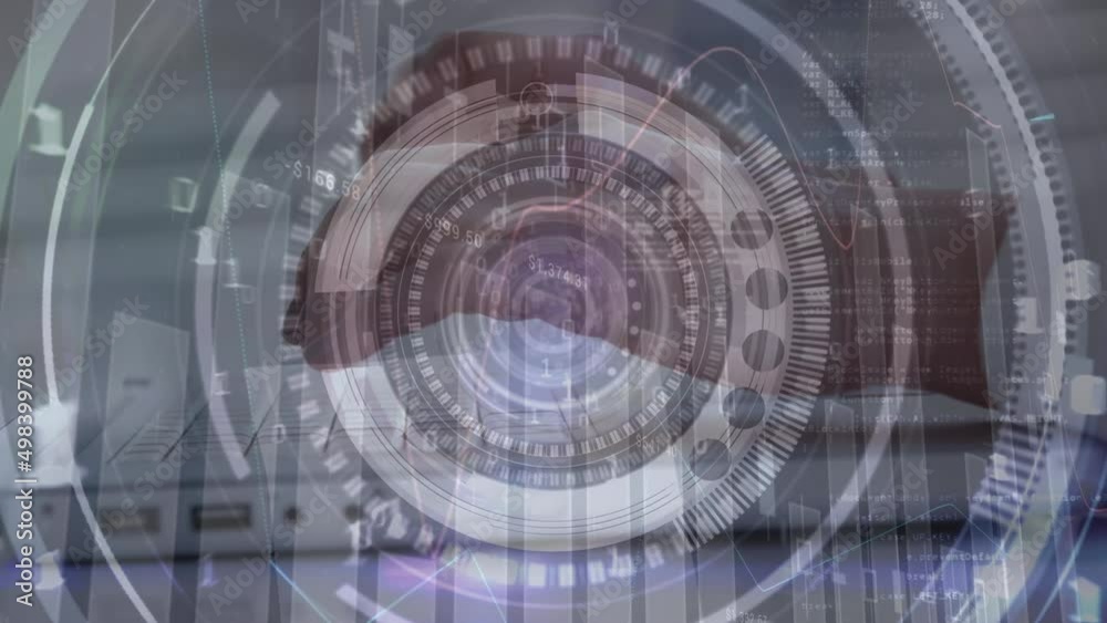 Poster animation of processing circles and binary code over hands of biracial man using laptop