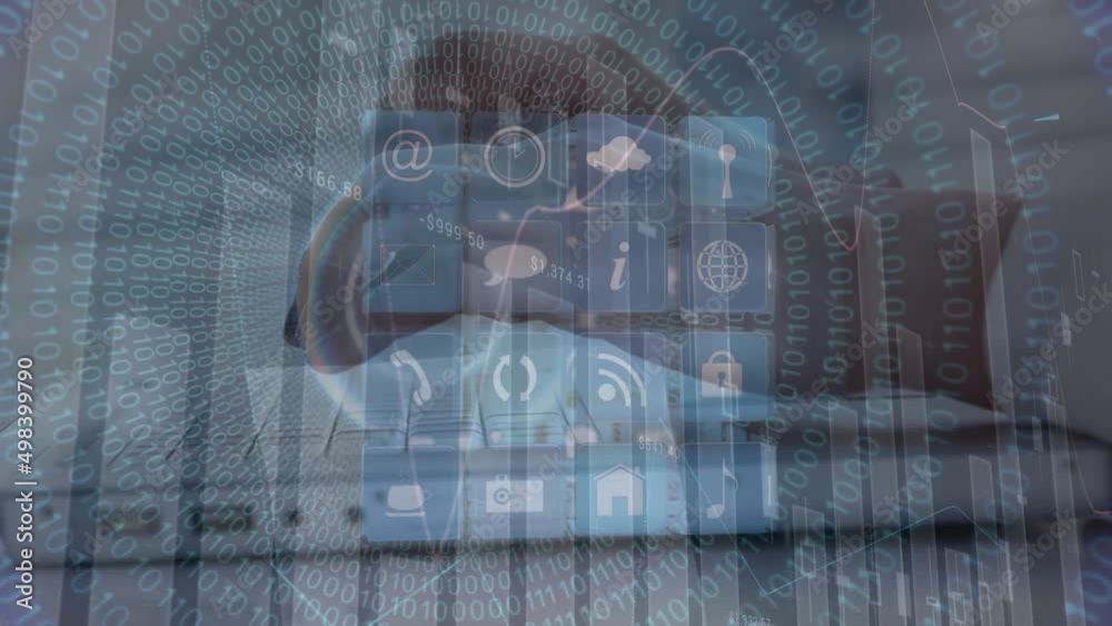 Poster animation of cube made of icons and pulsating circles over hands of biracial man using laptop