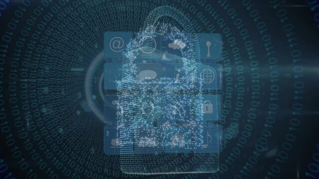 Animation of digital padlock over black background with cube made of icons and pulsating circles