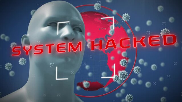 Animation of human head model and system hacked over blue background with viruses