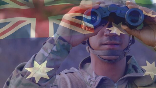 Animation of flag of australia over caucasian male soldier using binoculars