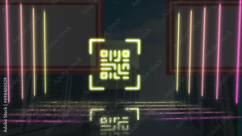 Poster animation of neon qr code and lines moving in digital space