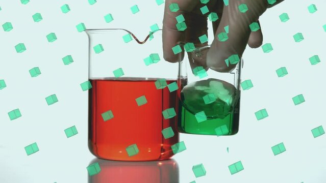 Animation of rows of green cubes over scientist holding laboratory beaker with green liquid